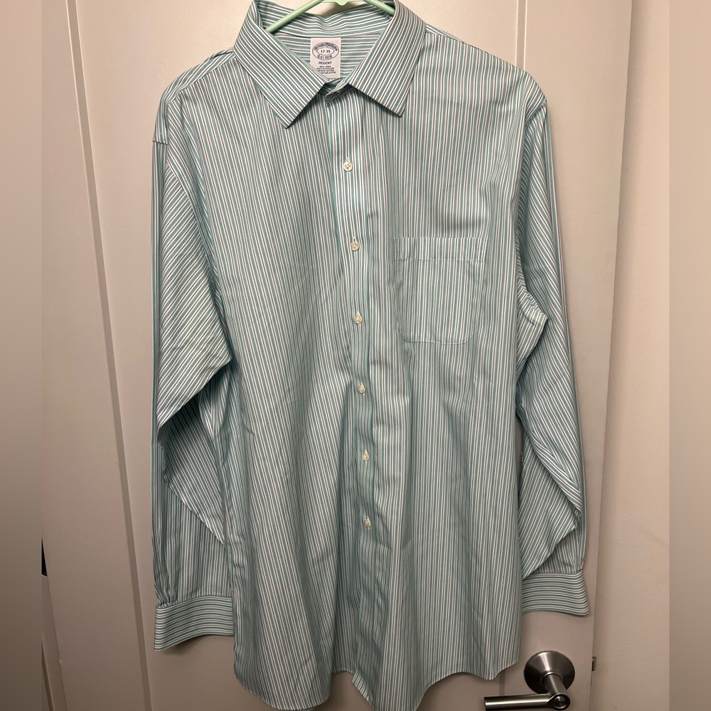 Brooks Brothers dress shirt: green and white stripes